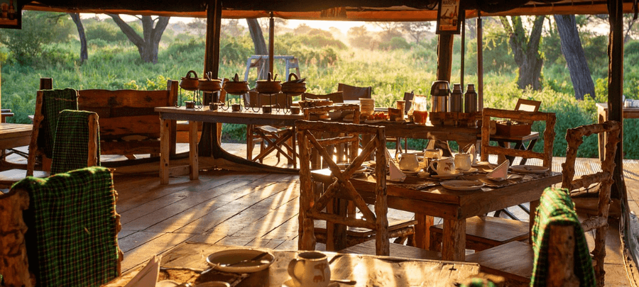 A warm and inviting open-air safari dining area bathed in golden morning light, featuring rustic wooden tables and chairs overlooking lush grasslands and acacia trees. Breakfast i…