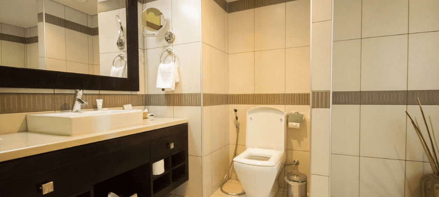 Clean modern bathroom with a sleek vanity sink, large mirror, tiled walls, and a glass-enclosed shower and toilet area.