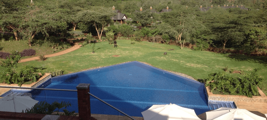 Large infinity swimming pool overlooking expansive green lawns, landscaped gardens, and lush trees, creating a peaceful resort-style outdoor setting.