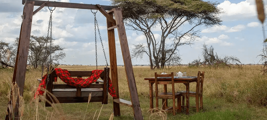 Wooden swing with a red blanket beside an outdoor dining table set in open savannah, surrounded by acacia trees under a cloudy sky