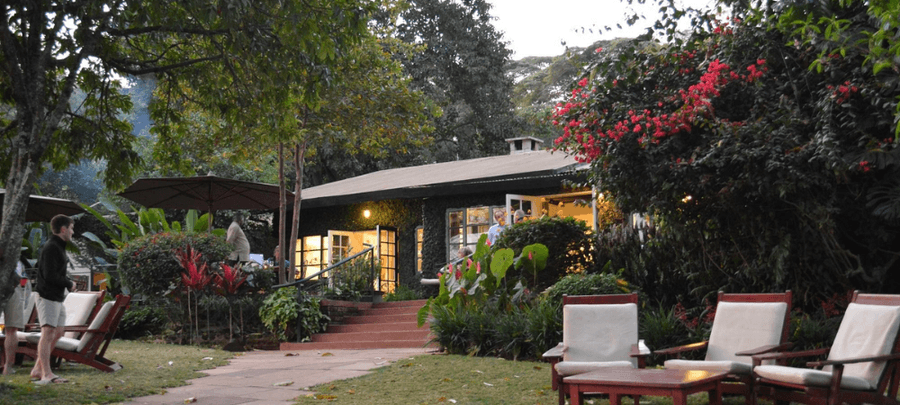 Charming garden lodge surrounded by lush tropical greenery and colorful flowers, featuring outdoor seating areas, warm evening lighting, and a peaceful natural atmosphere.