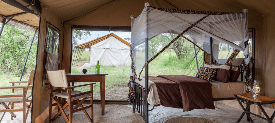 Luxury safari tent interior at GNU Camp with a canopy bed, writing desk, and open views of surrounding savannah and nearby tents