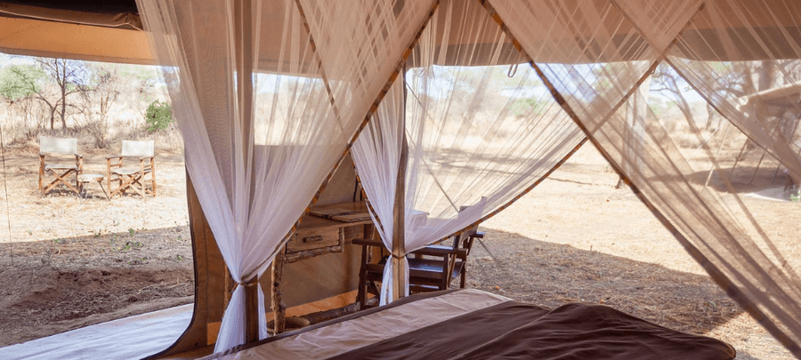 An airy safari tent bedroom with a four-poster bed draped in white mosquito netting, opening onto sweeping views of the dry savannah landscape. Wooden furniture and canvas walls c…