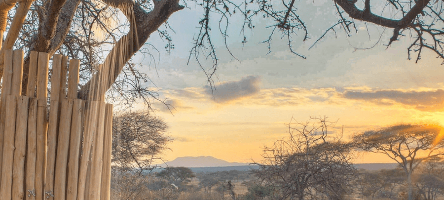 Sunlight streams through tree branches beside a rustic outdoor shower, overlooking a wide savannah landscape at sunset with distant hills on the horizon.
