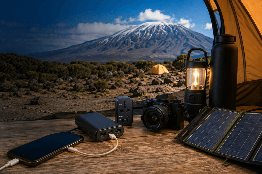Electronics and charging gear at a Kilimanjaro campsite