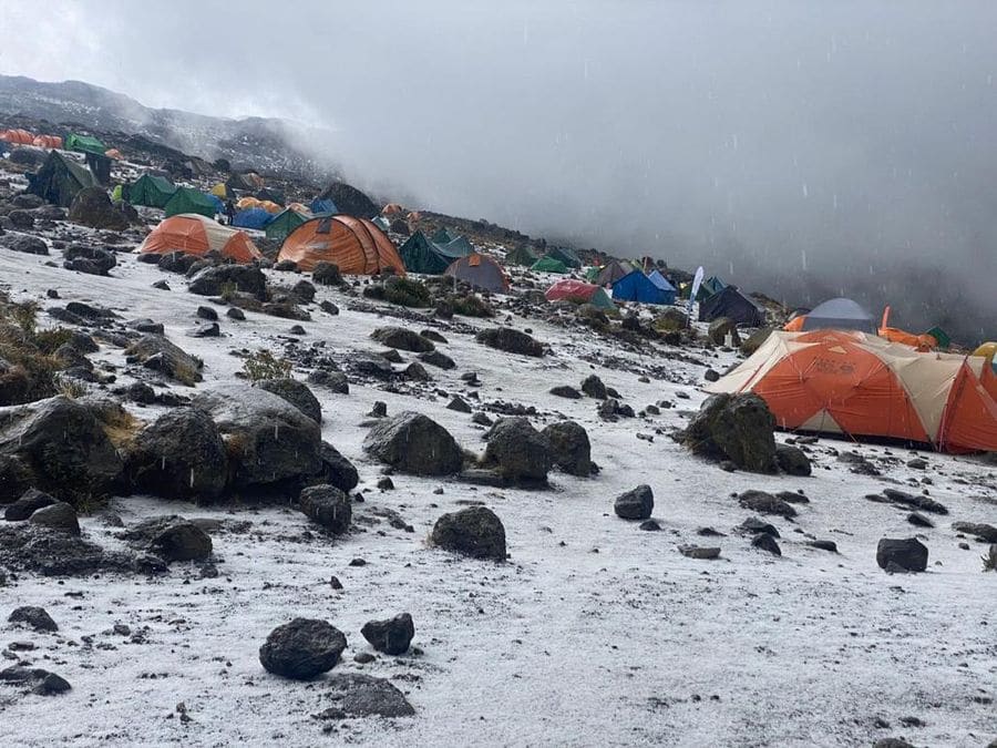 Camping on Kilimanjaro snow covered on Machame Lemosho route