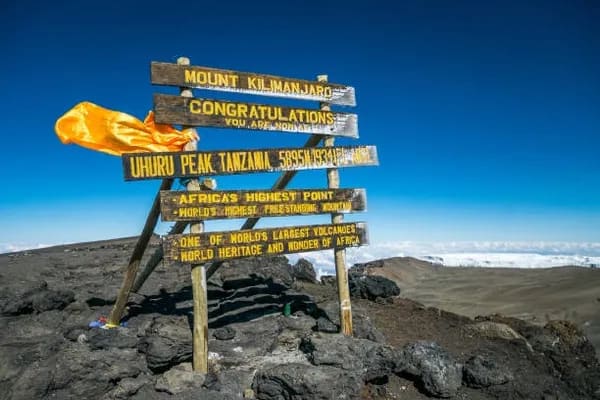 Sign at Uhuru Peak marking the summit of Mount Kilimanjaro, Africa’s highest point, under a clear blue sky.