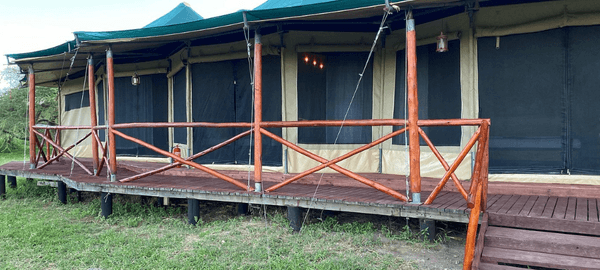 A spacious luxury safari tent stands on a raised wooden deck surrounded by grassy wilderness. The tent features screened entrances, canvas walls, and rustic wooden railings, blend…