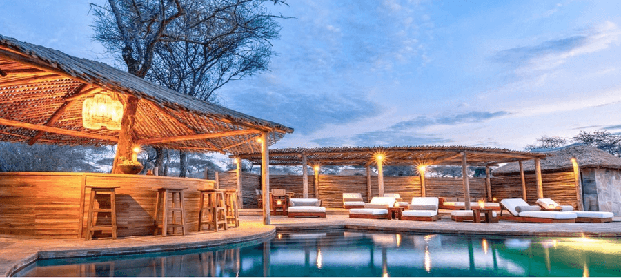 A luxury safari lodge pool area at dusk features a rustic wooden bar, cushioned lounge chairs, and warm ambient lighting surrounding a calm turquoise swimming pool.